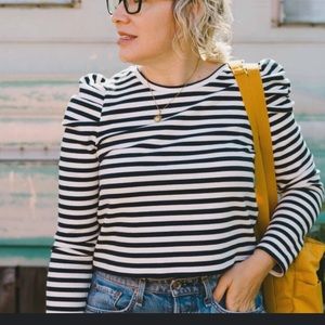 Rebecca Minkoff Talia Stripe Crop Puff Sleeve Cotton Sweatshirt in XXS